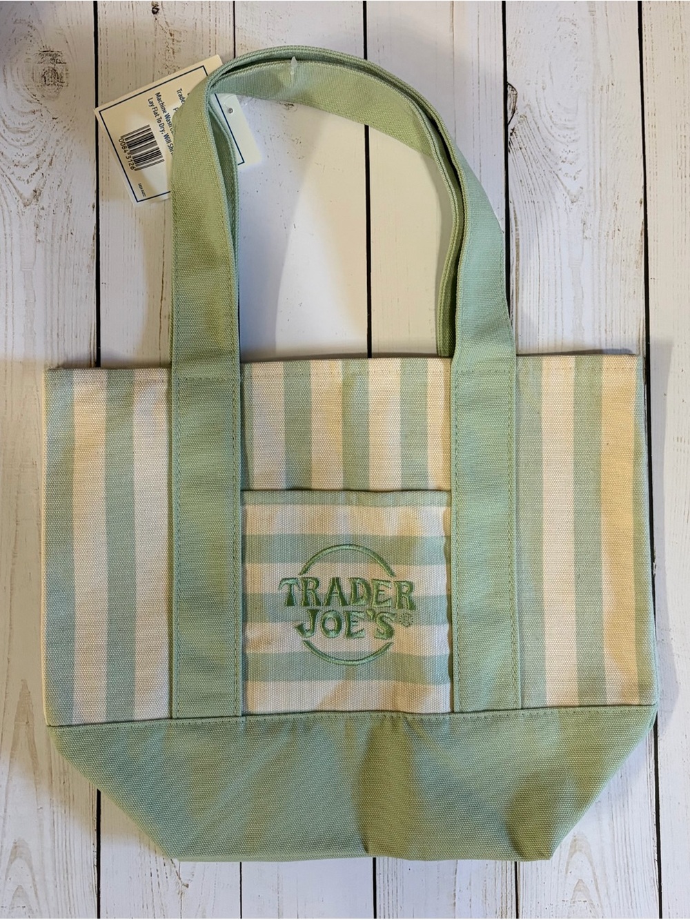 Trader Joe's Mint Green & Cream Striped Canvas Tote